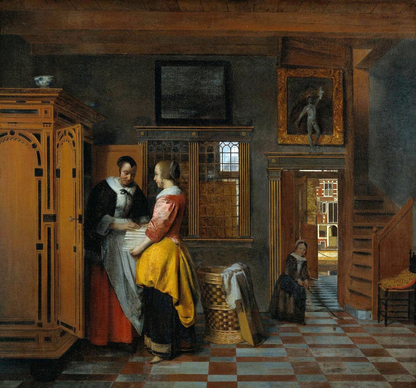 Pieter de Hooch — Binnenhuis met vrouwen bij een linnenkast, 1663