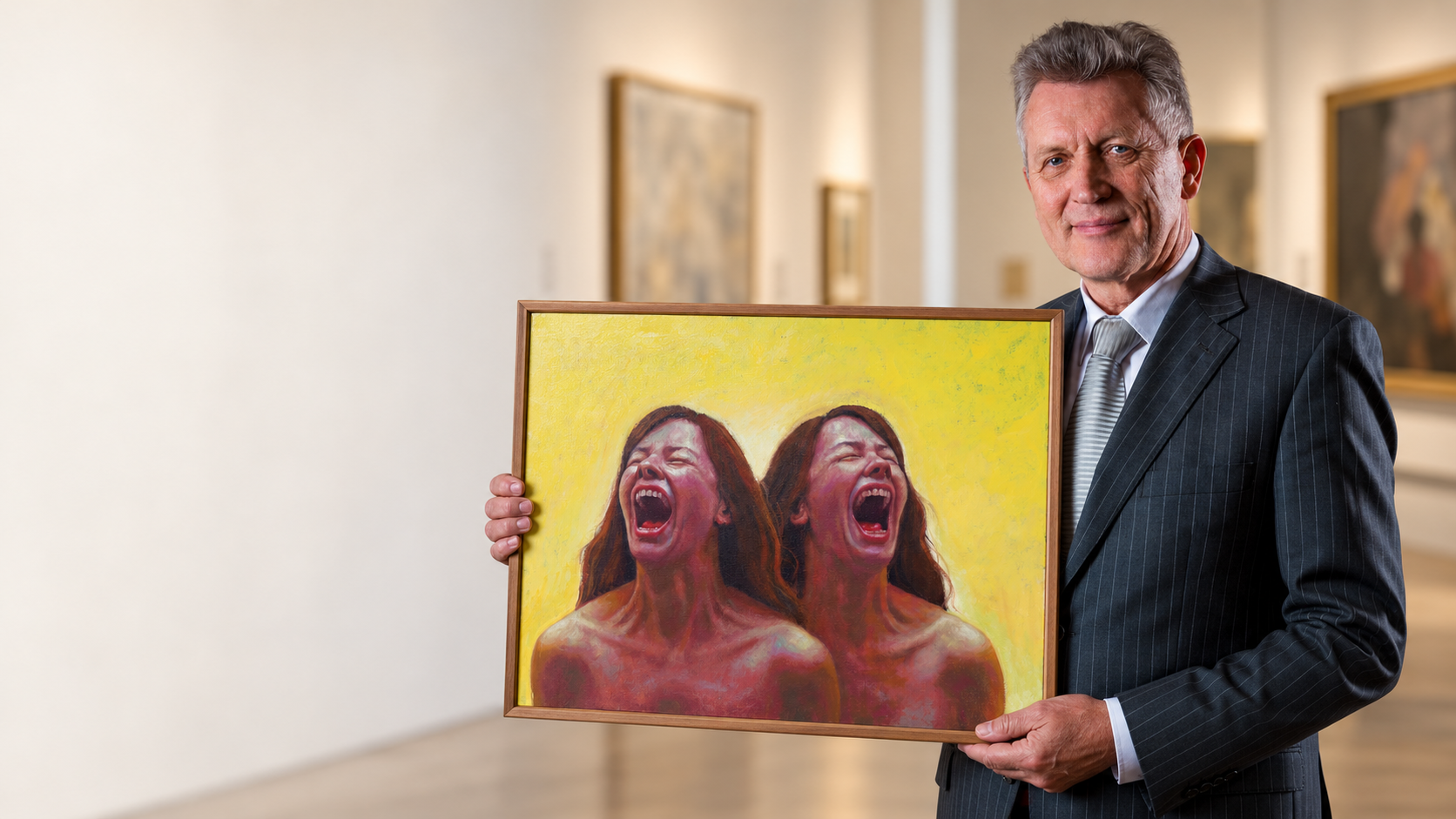 Dirk Scheringa presenteert een groot ingelijst schilderij in een museum