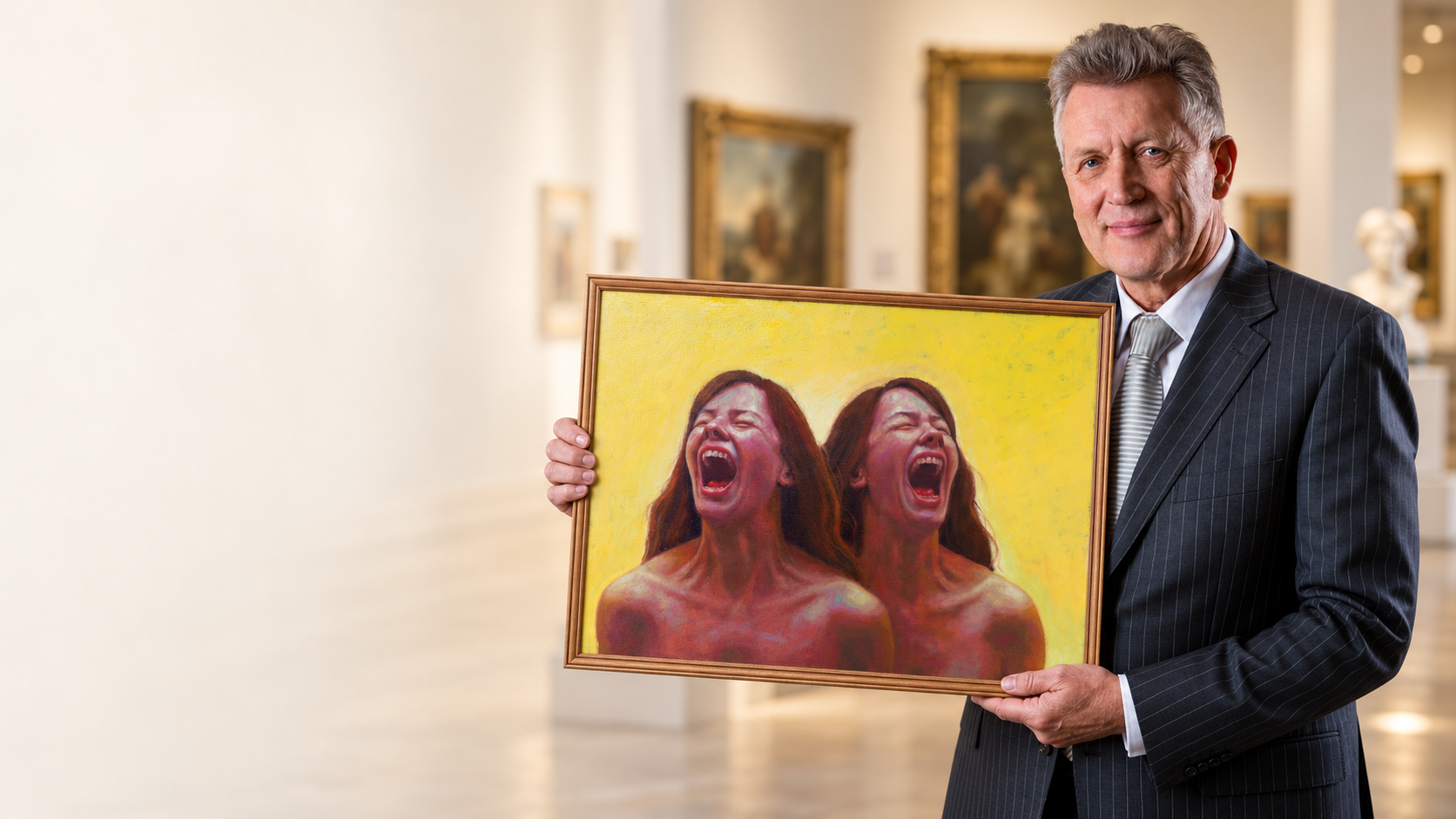 Dirk Scheringa presenteert een groot ingelijst schilderij in een museum