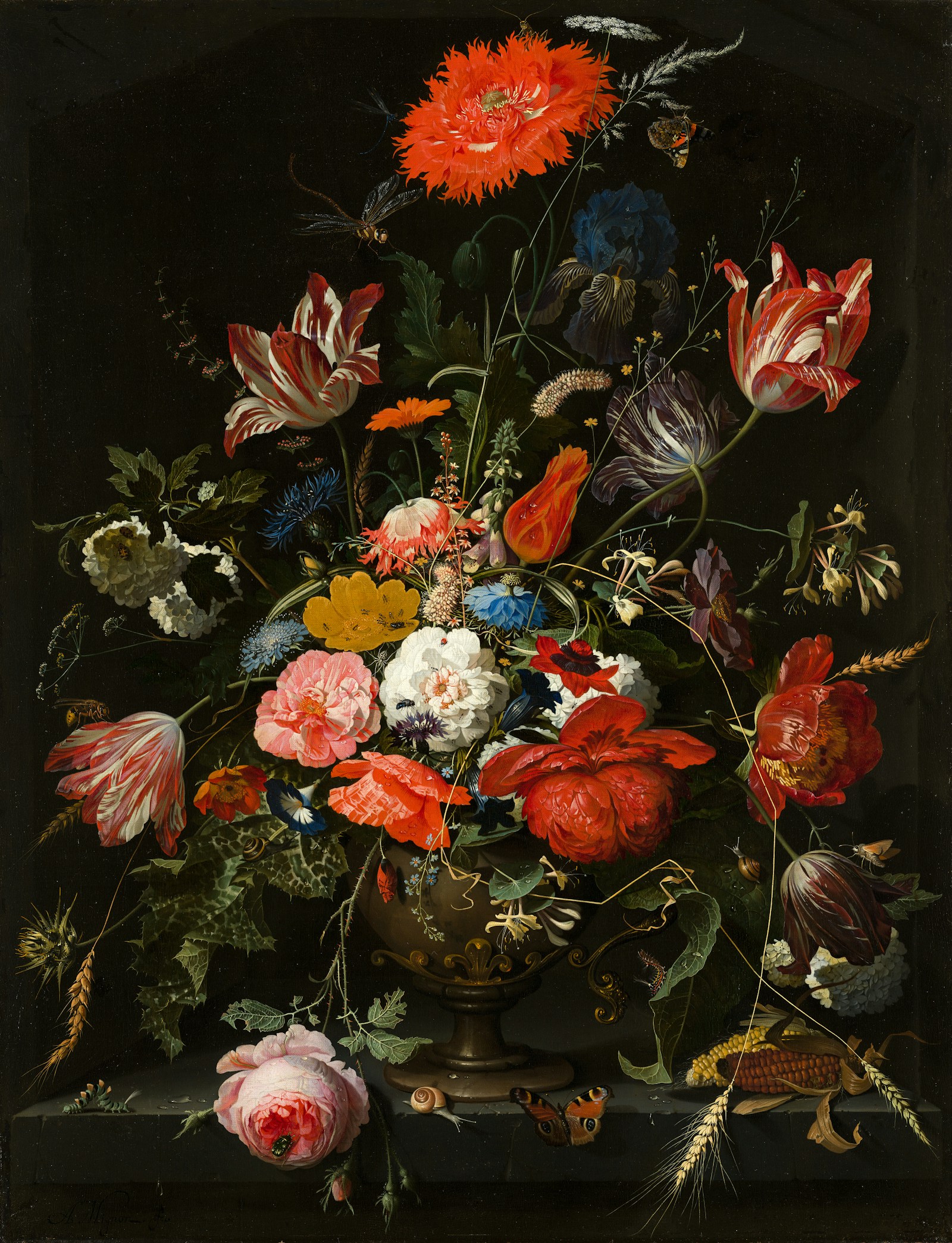 Een bloemrijk stilleven in een zwevende museumlijst